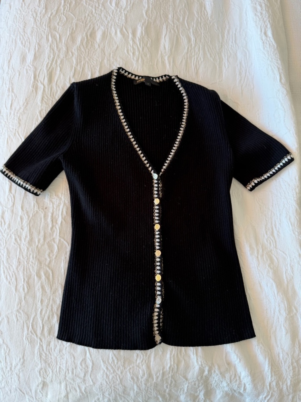 Maje size 1 Black Short-Sleeve Knit Cardigan with Contrast Trim XS
